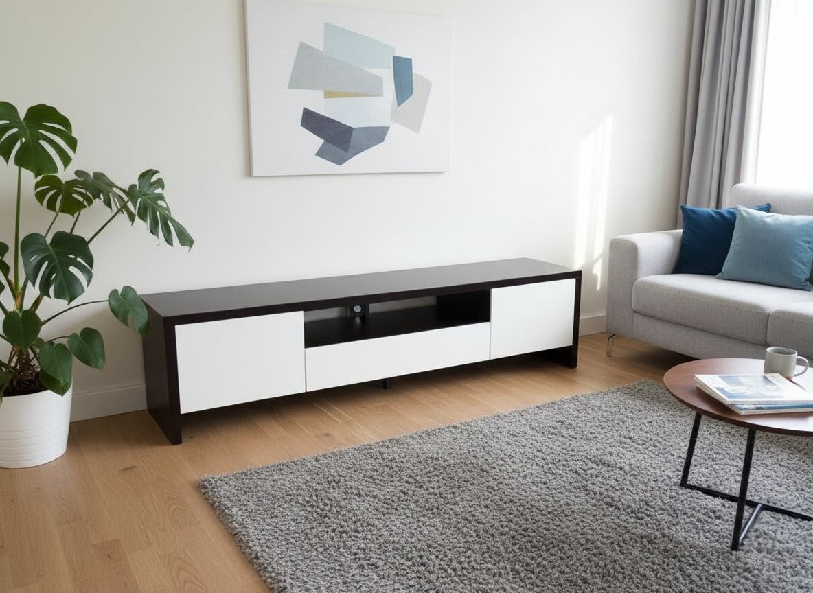 Modern 2.0m TV Stand Cabinet & Entertainment Center - Luxury Royal Teak & White Finish - Spacious Storage Drawers & Open Shelving - Heavy Duty Engineered Wood for Living Room Office - Fits TVs up to 7