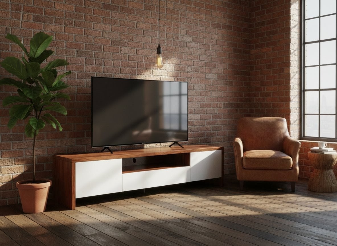 Modern 2.0m TV Stand Cabinet & Entertainment Center - Luxury Royal Teak & White Finish - Spacious Storage Drawers & Open Shelving - Heavy Duty Engineered Wood for Living Room Office - Fits TVs up to 7