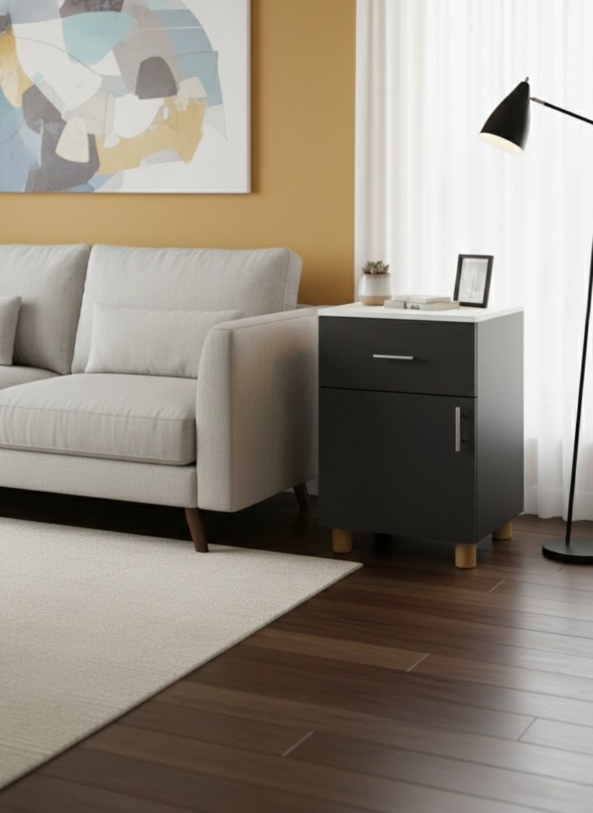 ​Modern 2-Tier Bedside Cabinet & Mobile Office Pedestal - Versatile Nightstand with Drawer, Storage Cupboard, & Lockable Wheels - Stylish Wood Finish Side Table for Bedroom, Home Office, & Living Room