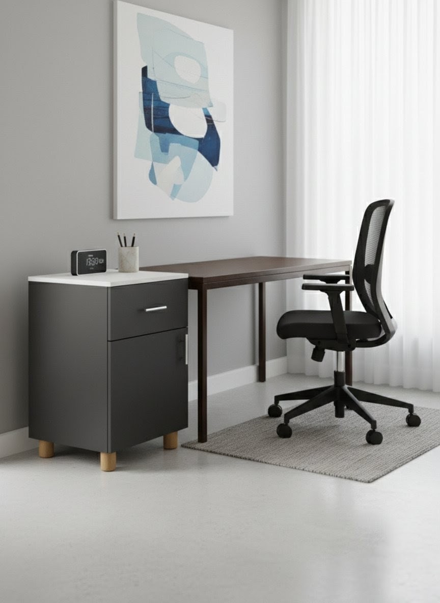 ​Modern 2-Tier Bedside Cabinet & Mobile Office Pedestal - Versatile Nightstand with Drawer, Storage Cupboard, & Lockable Wheels - Stylish Wood Finish Side Table for Bedroom, Home Office, & Living Room