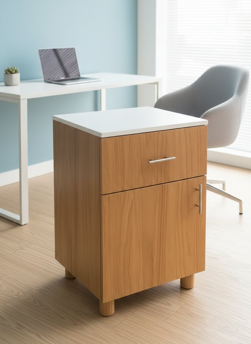 ​Modern 2-Tier Bedside Cabinet & Mobile Office Pedestal - Versatile Nightstand with Drawer, Storage Cupboard, & Lockable Wheels - Stylish Wood Finish Side Table for Bedroom, Home Office, & Living Room