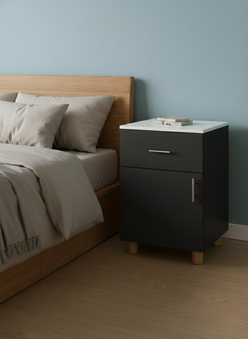 ​Modern 2-Tier Bedside Cabinet & Mobile Office Pedestal - Versatile Nightstand with Drawer, Storage Cupboard, & Lockable Wheels - Stylish Wood Finish Side Table for Bedroom, Home Office, & Living Room