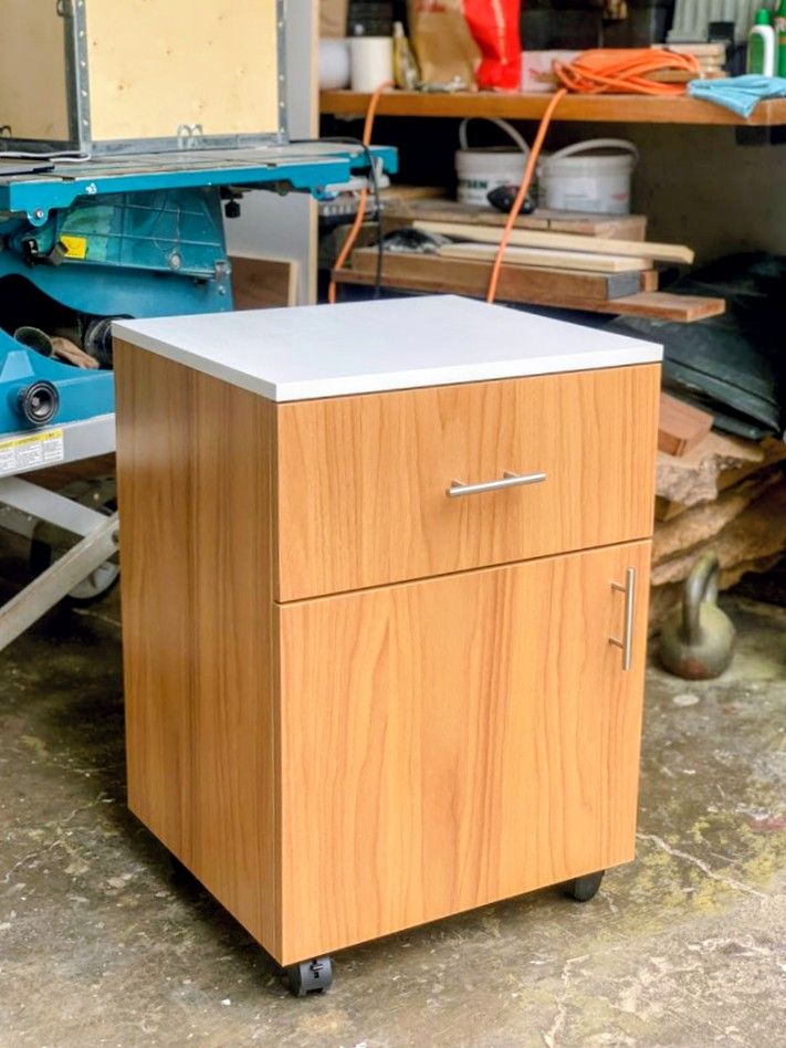 ​Modern 2-Tier Bedside Cabinet & Mobile Office Pedestal - Versatile Nightstand with Drawer, Storage Cupboard, & Lockable Wheels - Stylish Wood Finish Side Table for Bedroom, Home Office, & Living Room