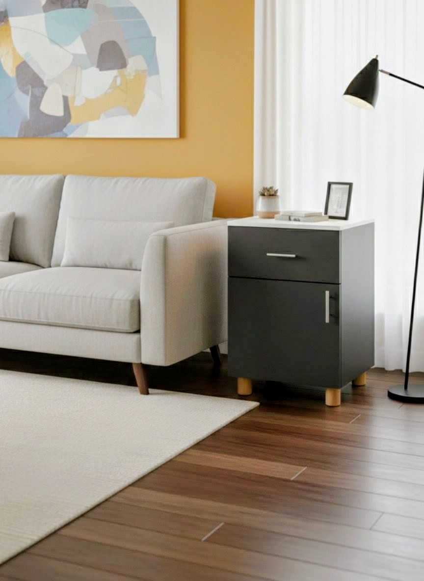 ​Modern 2-Tier Bedside Cabinet & Mobile Office Pedestal - Versatile Nightstand with Drawer, Storage Cupboard, & Lockable Wheels - Stylish Wood Finish Side Table for Bedroom, Home Office, & Living Room