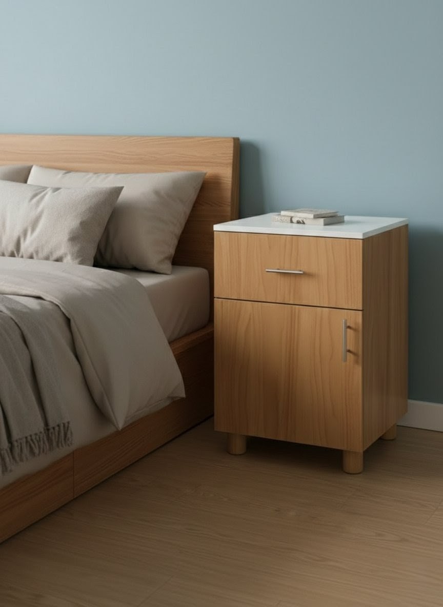 ​Modern 2-Tier Bedside Cabinet & Mobile Office Pedestal - Versatile Nightstand with Drawer, Storage Cupboard, & Lockable Wheels - Stylish Wood Finish Side Table for Bedroom, Home Office, & Living Room