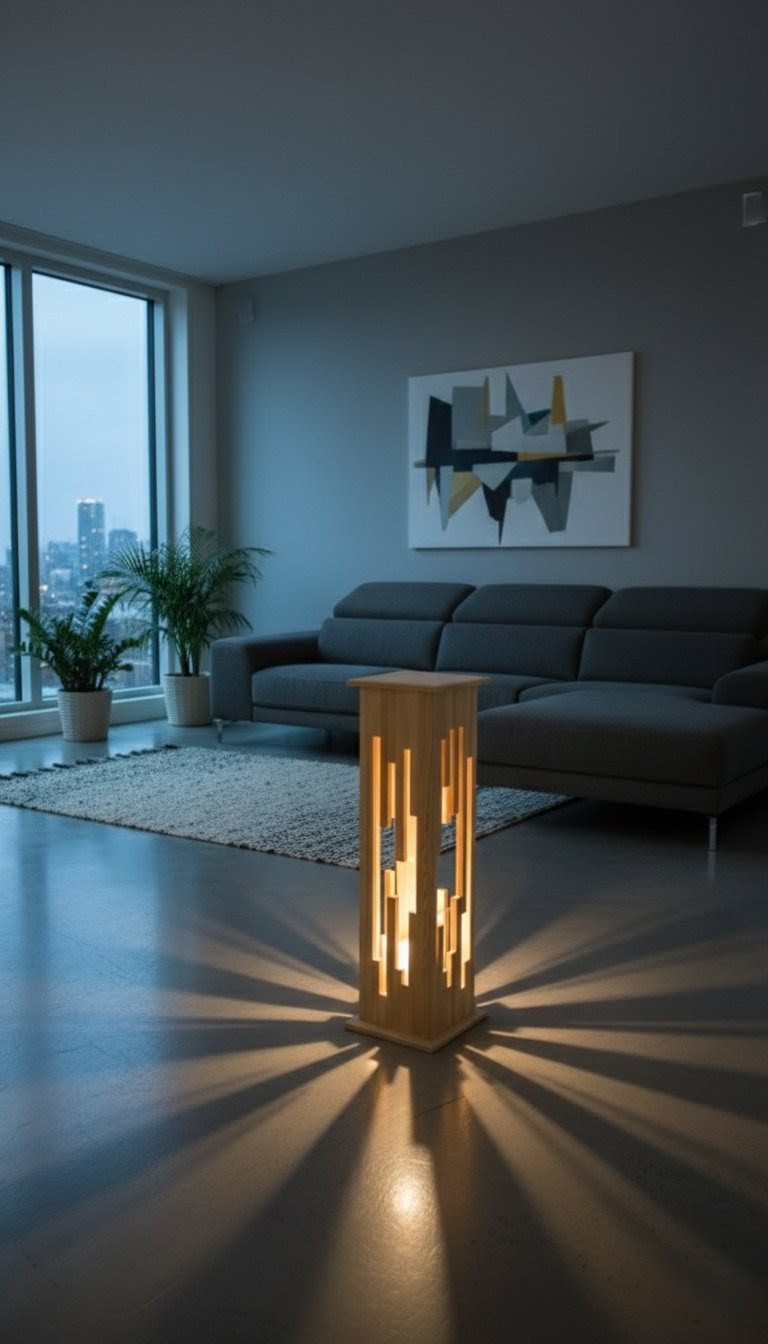 ​Modern Nordic Wooden Floor Lamp - Elegant Tower LED Night Light for Living Room & Bedroom, Decorative Geometric Ambient Lighting, Minimalist Tall Timber Column Light, Stylish Interior Home Decor Lamp