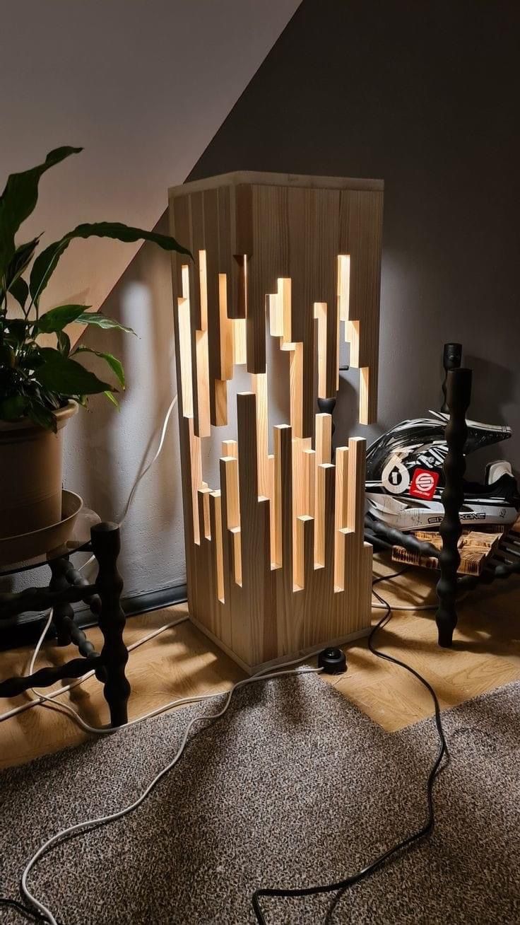 ​Modern Nordic Wooden Floor Lamp - Elegant Tower LED Night Light for Living Room & Bedroom, Decorative Geometric Ambient Lighting, Minimalist Tall Timber Column Light, Stylish Interior Home Decor Lamp
