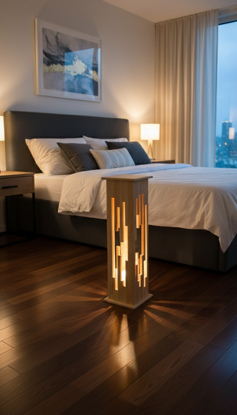 ​Modern Nordic Wooden Floor Lamp - Elegant Tower LED Night Light for Living Room & Bedroom, Decorative Geometric Ambient Lighting, Minimalist Tall Timber Column Light, Stylish Interior Home Decor Lamp