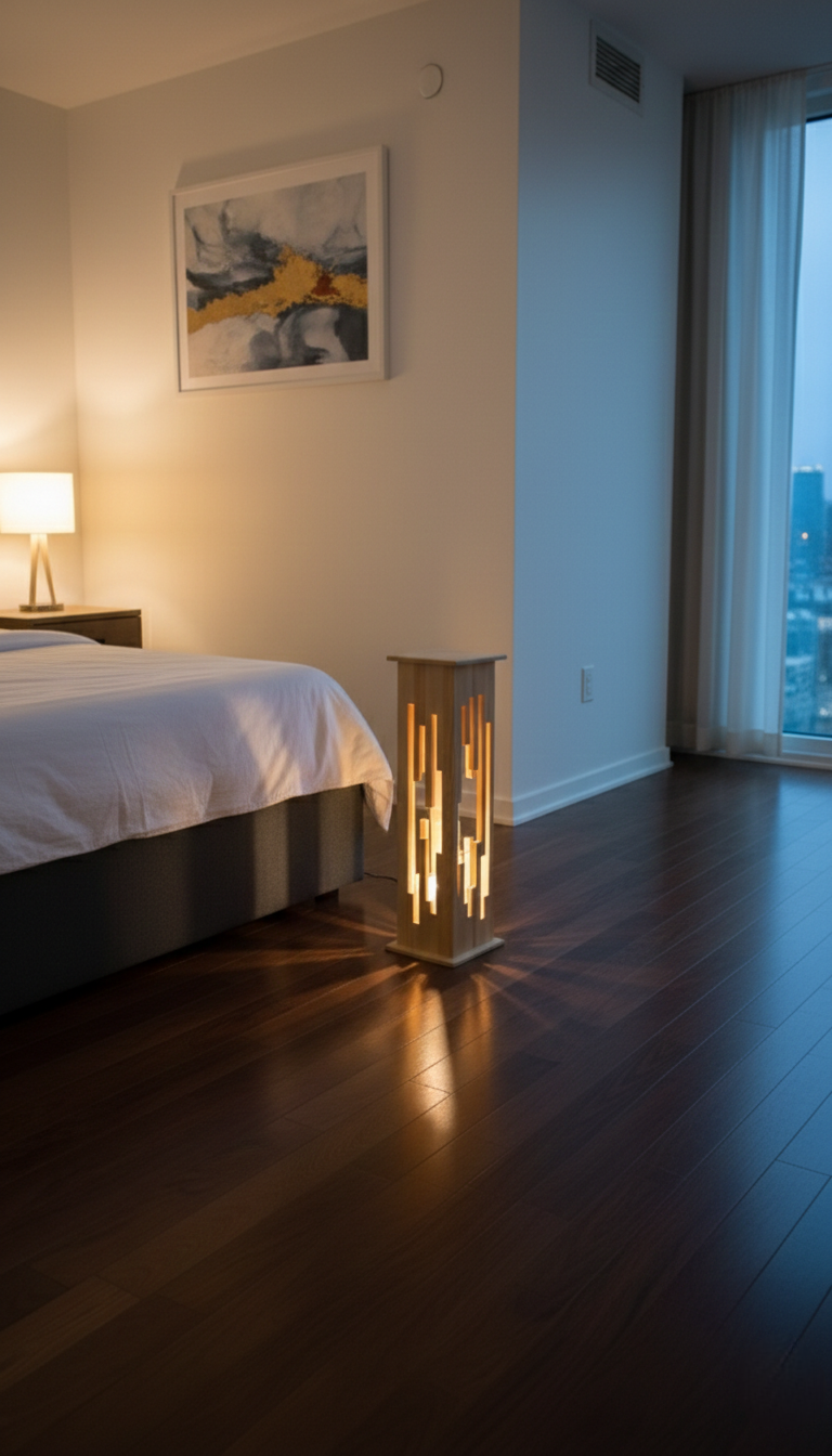 ​Modern Nordic Wooden Floor Lamp - Elegant Tower LED Night Light for Living Room & Bedroom, Decorative Geometric Ambient Lighting, Minimalist Tall Timber Column Light, Stylish Interior Home Decor Lamp