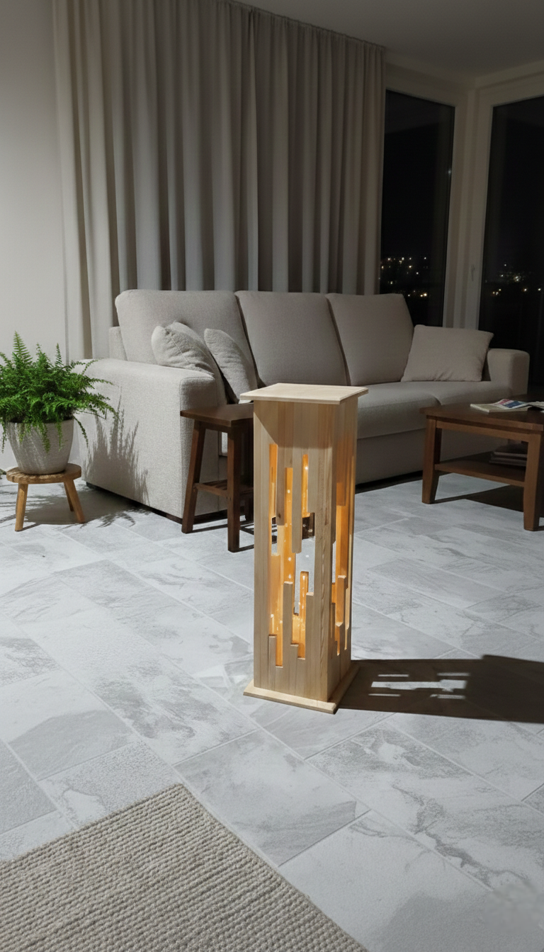 ​Modern Nordic Wooden Floor Lamp - Elegant Tower LED Night Light for Living Room & Bedroom, Decorative Geometric Ambient Lighting, Minimalist Tall Timber Column Light, Stylish Interior Home Decor Lamp