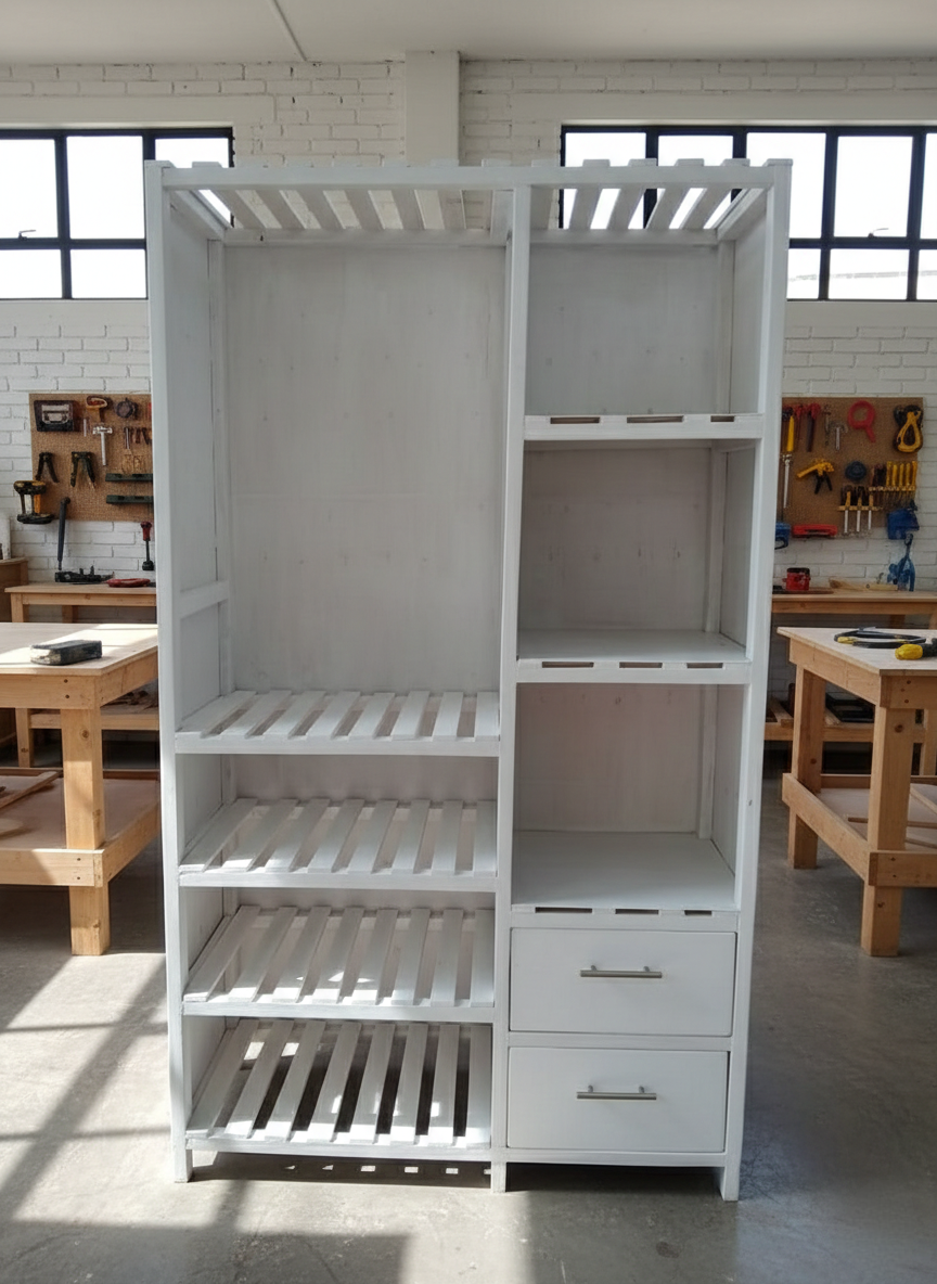 Modern White & Black Wooden Wardrobe Cabinet - Multi-functional Bedroom Storage Organizer with Shelves, Drawers, and Hanging Space - Durable Home & Office Furniture - Stylish Space-Saving Closet