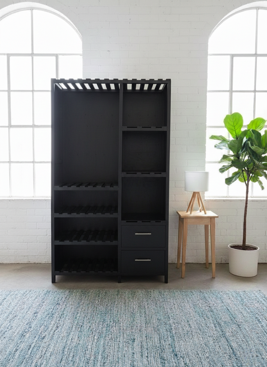 Modern White & Black Wooden Wardrobe Cabinet - Multi-functional Bedroom Storage Organizer with Shelves, Drawers, and Hanging Space - Durable Home & Office Furniture - Stylish Space-Saving Closet