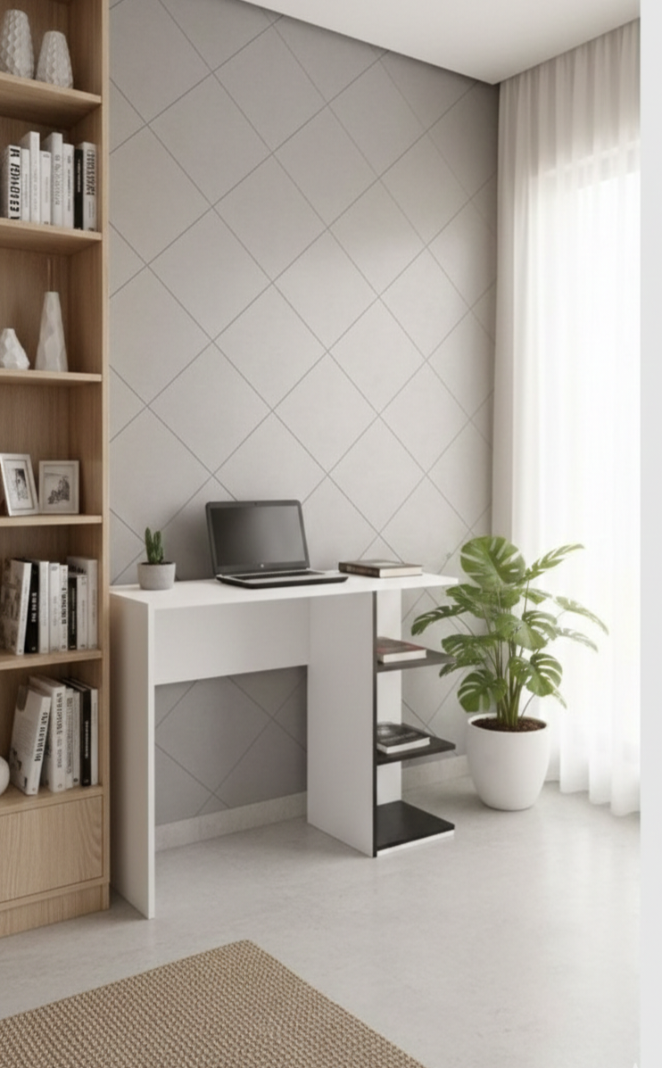 Modern White & Black Home Office Study Desk - Multi-Functional Computer Table with Integrated 3-Tier Storage Shelves & Spacious Worktop - Compact Space-Saving Design for Bedroom, Living Room & Office