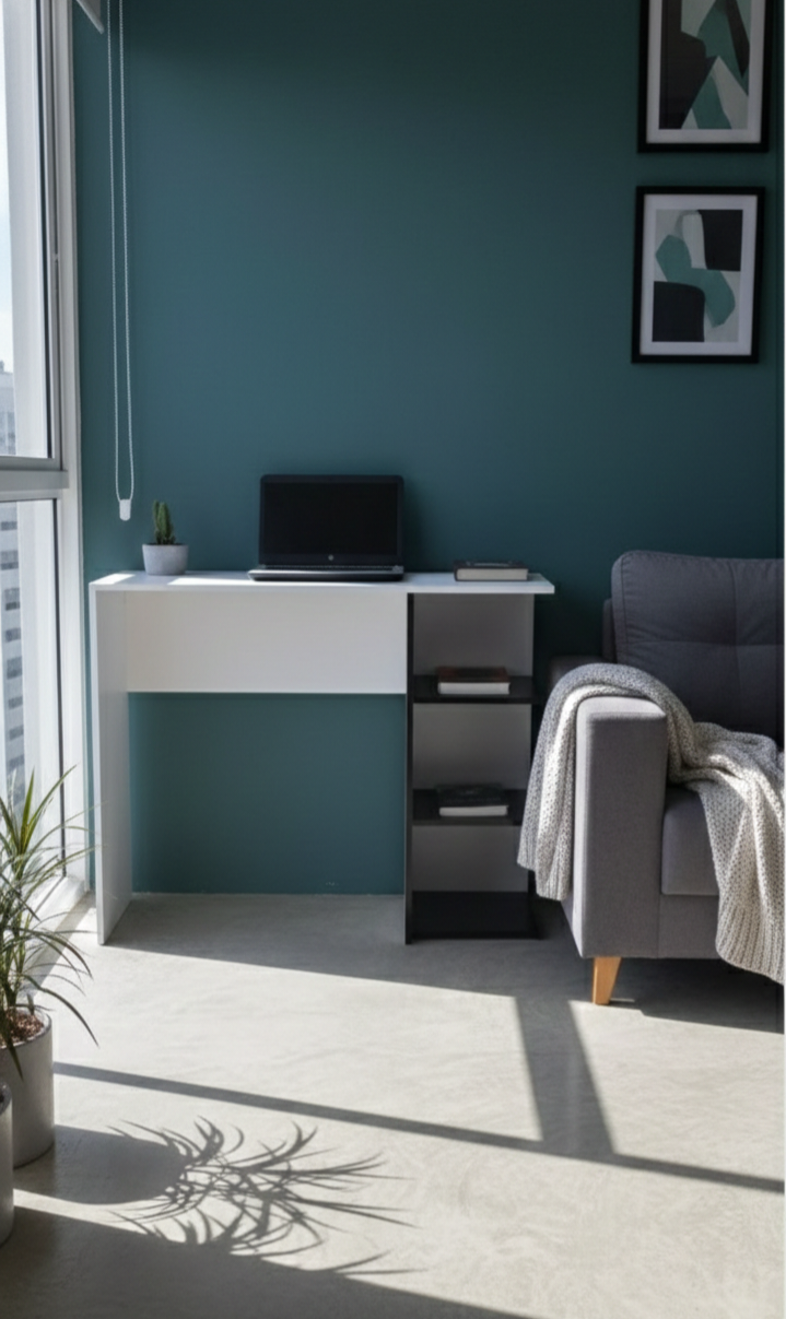 Modern White & Black Home Office Study Desk - Multi-Functional Computer Table with Integrated 3-Tier Storage Shelves & Spacious Worktop - Compact Space-Saving Design for Bedroom, Living Room & Office