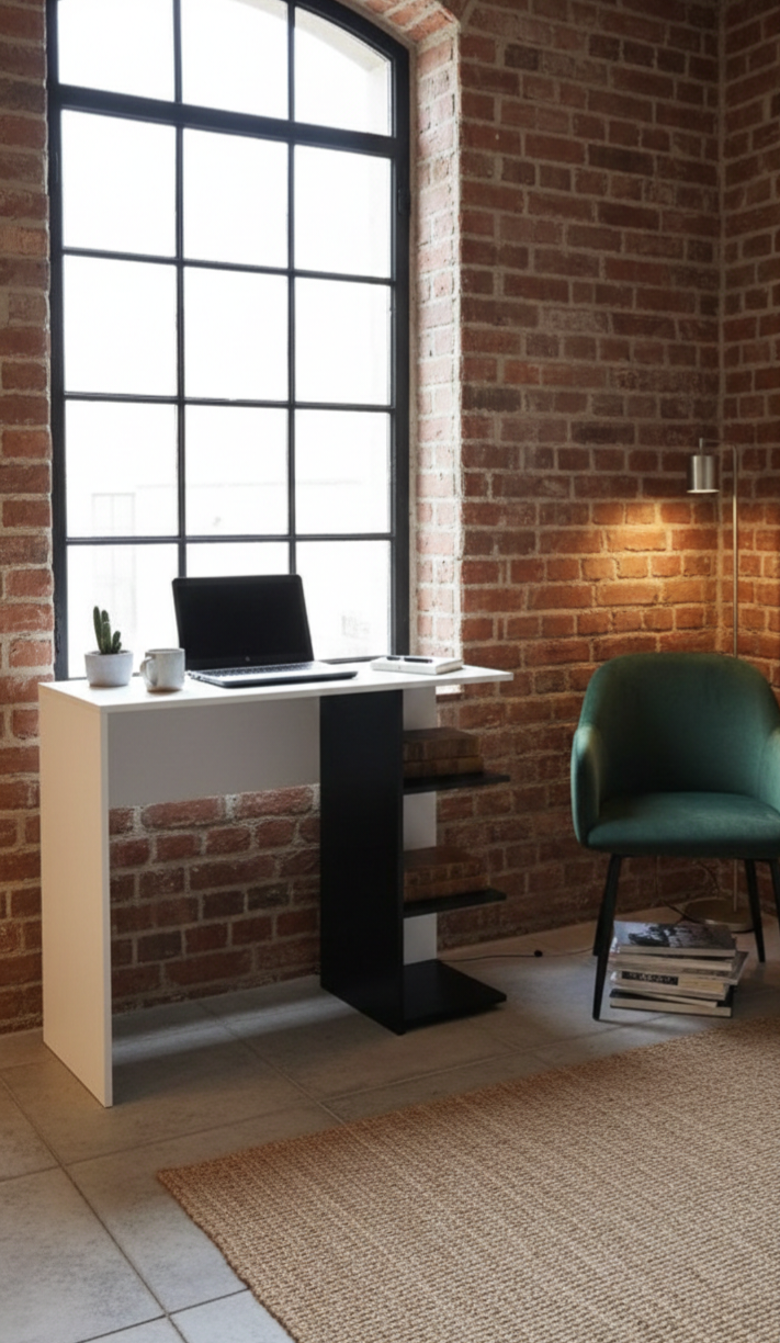 Modern White & Black Home Office Study Desk - Multi-Functional Computer Table with Integrated 3-Tier Storage Shelves & Spacious Worktop - Compact Space-Saving Design for Bedroom, Living Room & Office