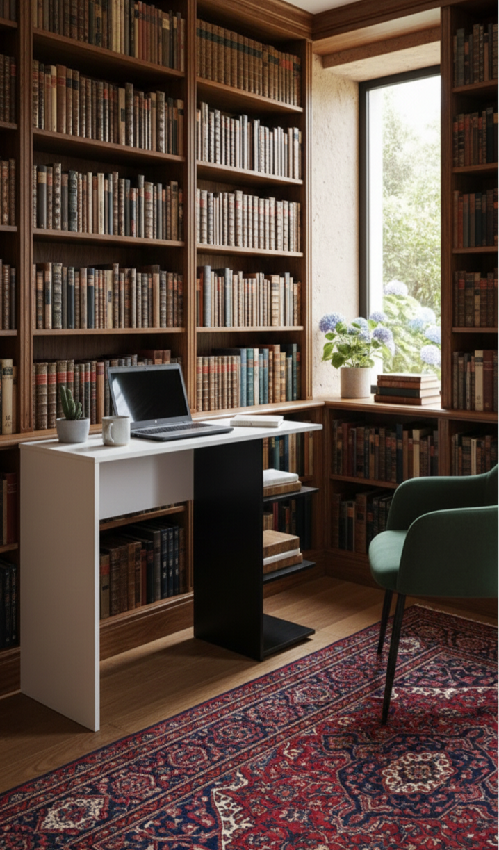 Modern White & Black Home Office Study Desk - Multi-Functional Computer Table with Integrated 3-Tier Storage Shelves & Spacious Worktop - Compact Space-Saving Design for Bedroom, Living Room & Office