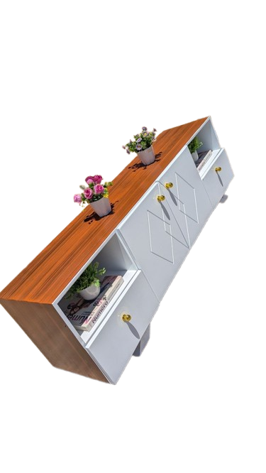 ​Modern Minimalist TV Stand Unit - Stylish Wooden Top & White High-Gloss Body - Entertainment Center with Storage Drawers & Open Shelves - Premium Media Console for Living Room Home Decor - Brown/Whit