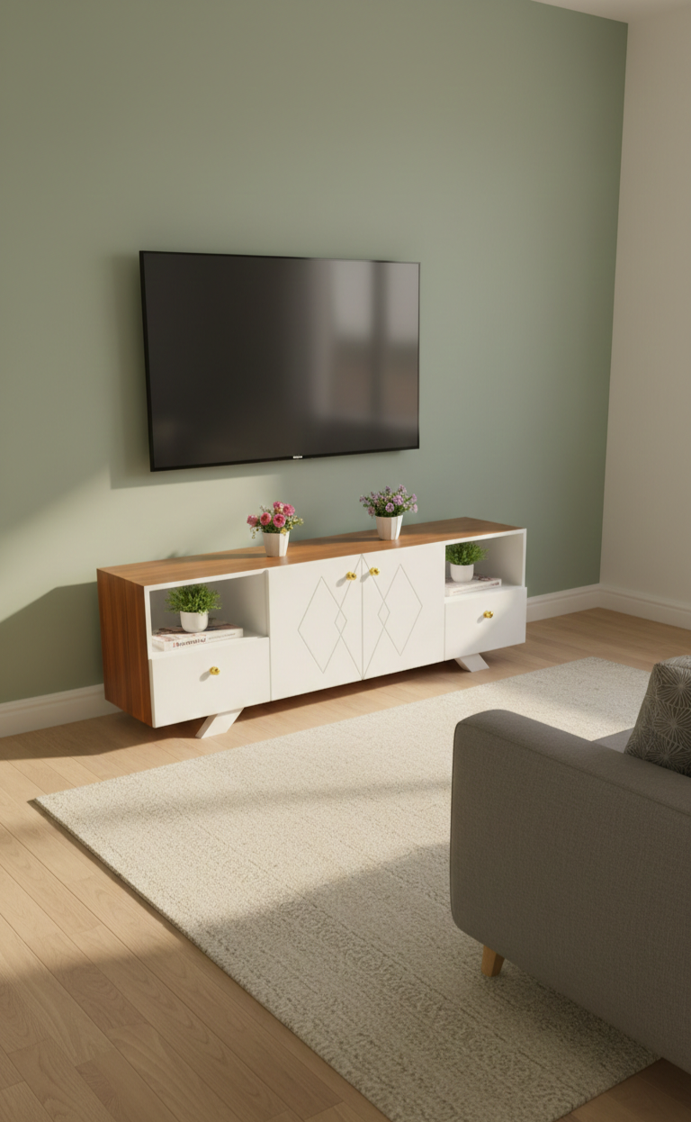 ​Modern Minimalist TV Stand Unit - Stylish Wooden Top & White High-Gloss Body - Entertainment Center with Storage Drawers & Open Shelves - Premium Media Console for Living Room Home Decor - Brown/Whit