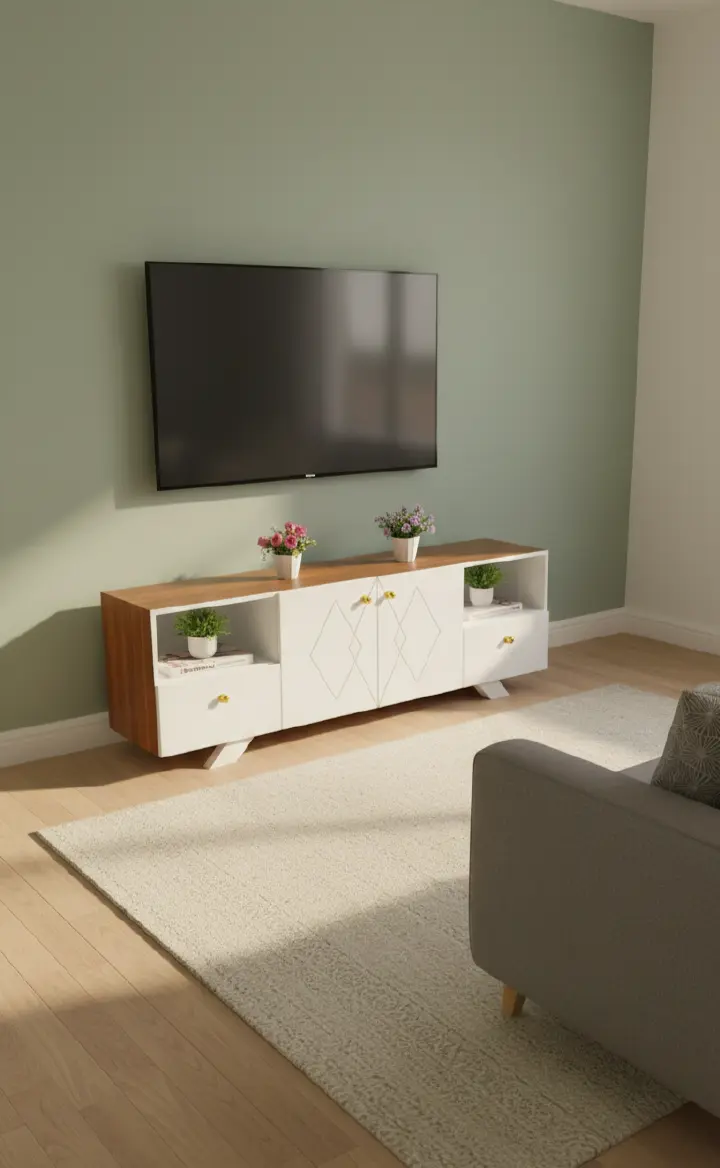 ​Modern Minimalist TV Stand Unit - Stylish Wooden Top & White High-Gloss Body - Entertainment Center with Storage Drawers & Open Shelves - Premium Media Console for Living Room Home Decor - Brown/Whit