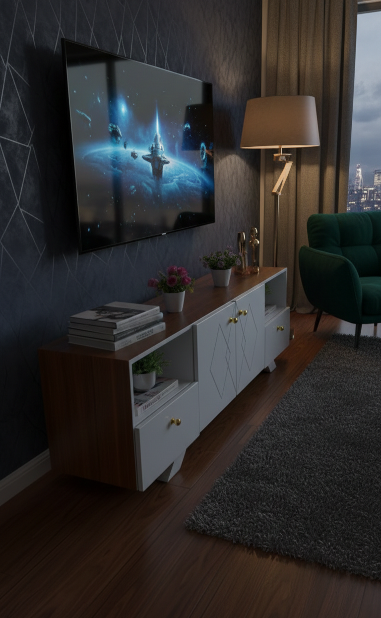 ​Modern Minimalist TV Stand Unit - Stylish Wooden Top & White High-Gloss Body - Entertainment Center with Storage Drawers & Open Shelves - Premium Media Console for Living Room Home Decor - Brown/Whit