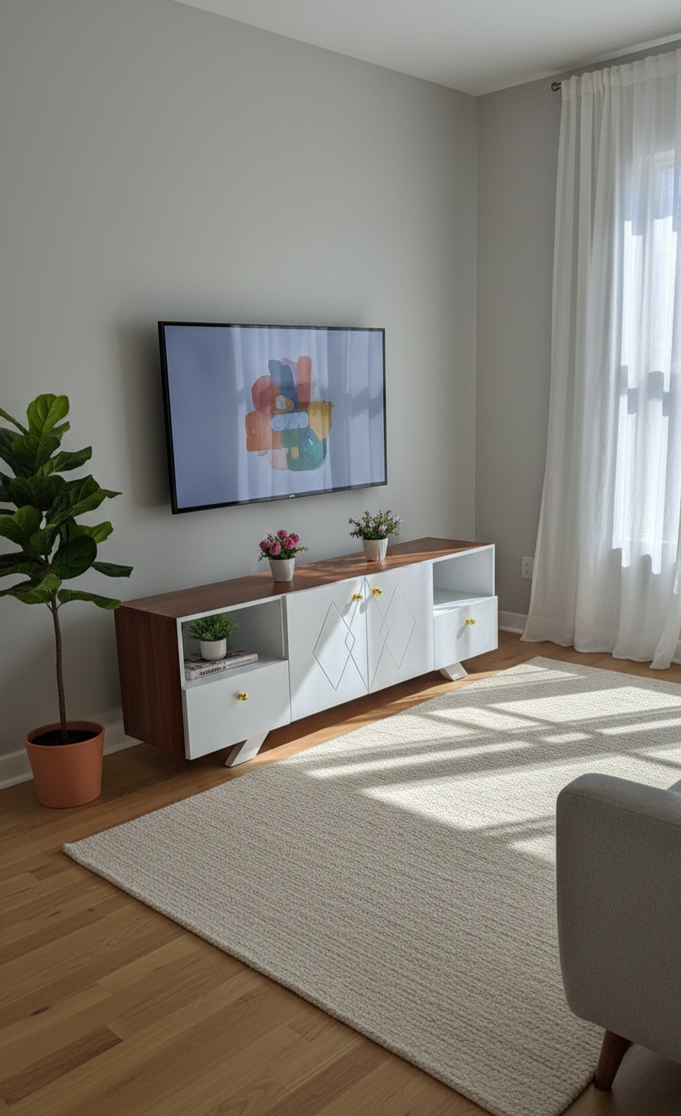 ​Modern Minimalist TV Stand Unit - Stylish Wooden Top & White High-Gloss Body - Entertainment Center with Storage Drawers & Open Shelves - Premium Media Console for Living Room Home Decor - Brown/Whit