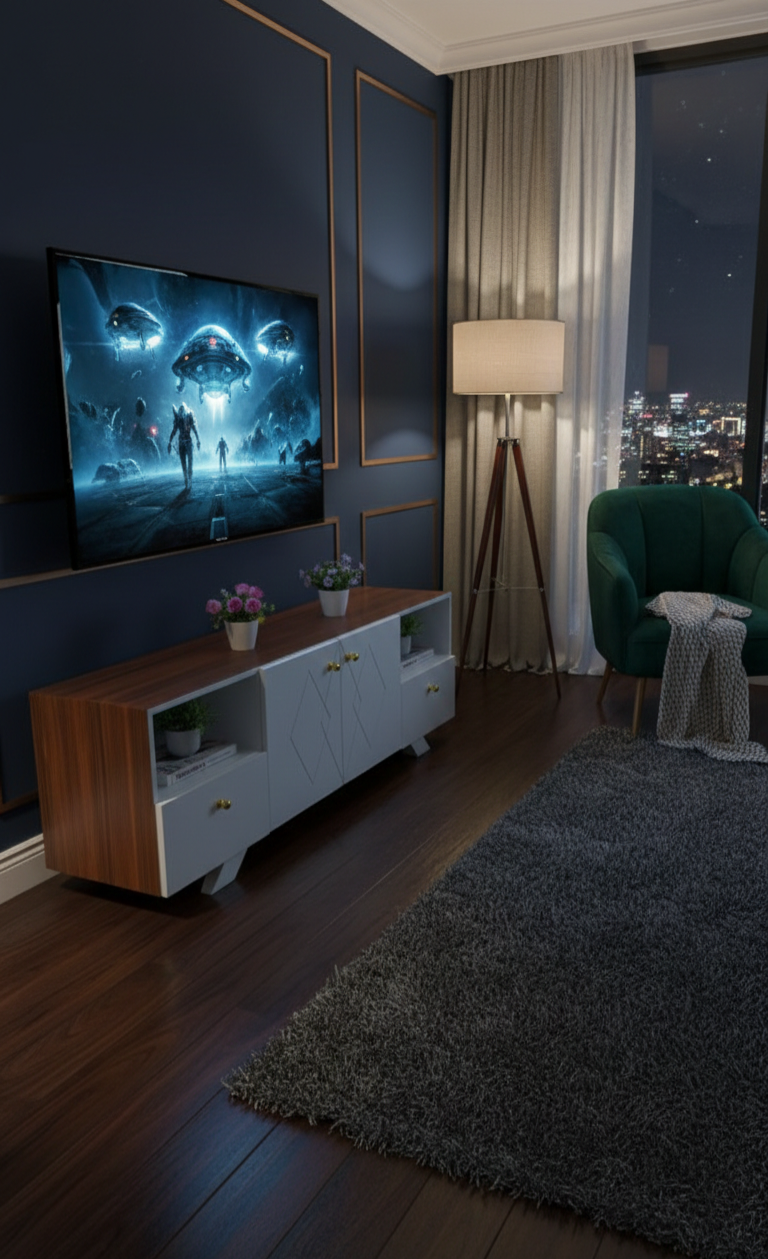 ​Modern Minimalist TV Stand Unit - Stylish Wooden Top & White High-Gloss Body - Entertainment Center with Storage Drawers & Open Shelves - Premium Media Console for Living Room Home Decor - Brown/Whit