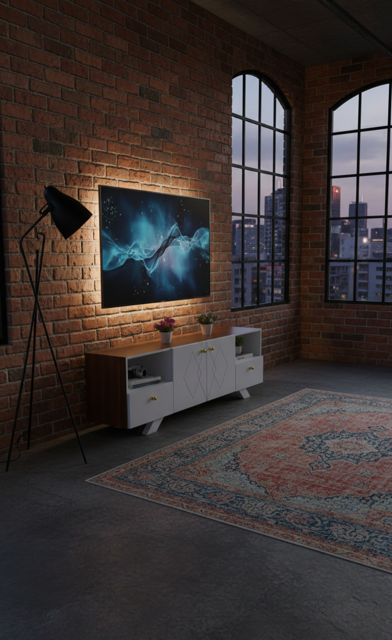 ​Modern Minimalist TV Stand Unit - Stylish Wooden Top & White High-Gloss Body - Entertainment Center with Storage Drawers & Open Shelves - Premium Media Console for Living Room Home Decor - Brown/Whit