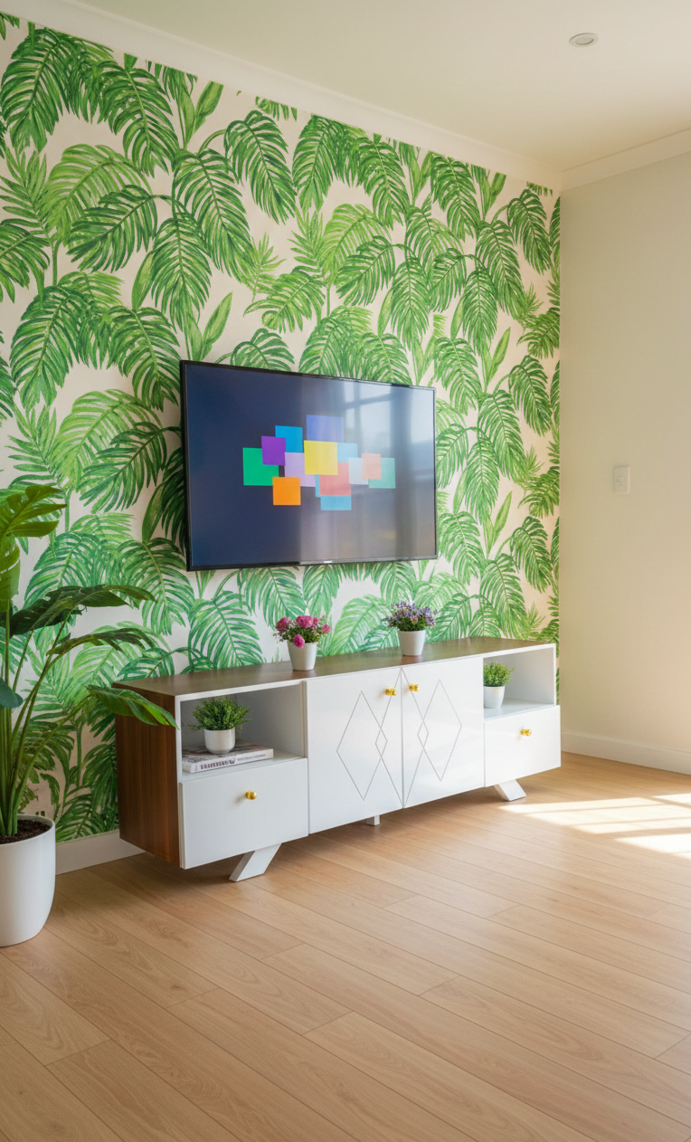 ​Modern Minimalist TV Stand Unit - Stylish Wooden Top & White High-Gloss Body - Entertainment Center with Storage Drawers & Open Shelves - Premium Media Console for Living Room Home Decor - Brown/Whit