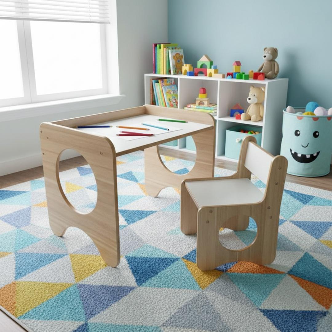 ​Premium Wooden Montessori Kids Study Table and Chair Set - Ergonomic Toddler Activity Desk for Drawing, Reading & Homework - Durable Nursery Furniture for Boys & Girls - Stylish Home & School Desk