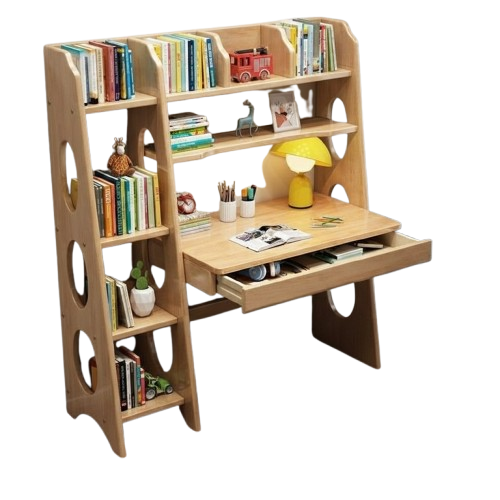 Multifunctional Wooden Study Desk with Integrated Bookshelf & Storage Drawer - Space-Saving Home Office Workstation, Writing Table, Modern Library Shelving Unit, Cherry Brown/Teak/White Finishes