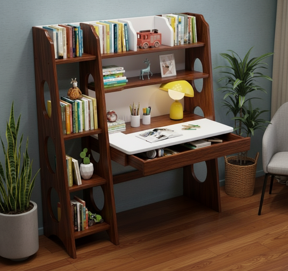 Multifunctional Wooden Study Desk with Integrated Bookshelf & Storage Drawer - Space-Saving Home Office Workstation, Writing Table, Modern Library Shelving Unit, Cherry Brown/Teak/White Finishes