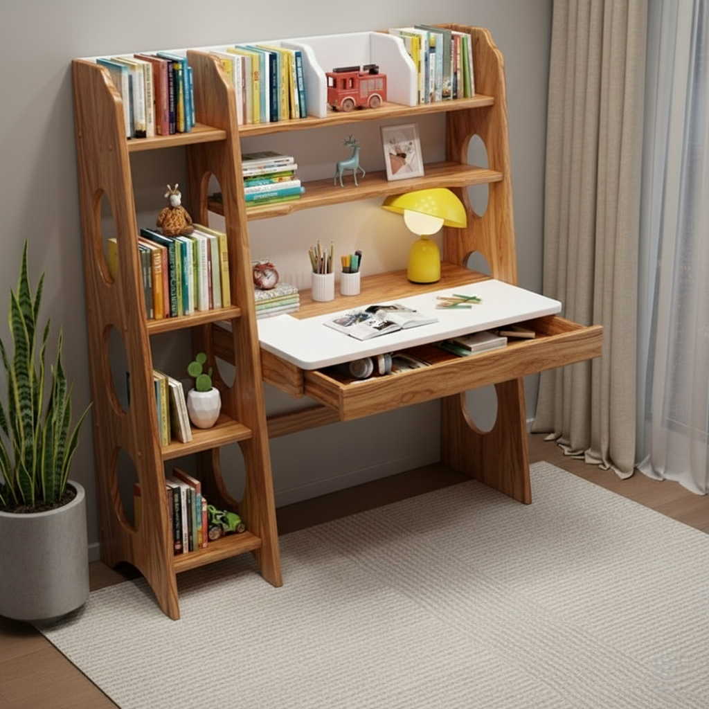 Multifunctional Wooden Study Desk with Integrated Bookshelf & Storage Drawer - Space-Saving Home Office Workstation, Writing Table, Modern Library Shelving Unit, Cherry Brown/Teak/White Finishes