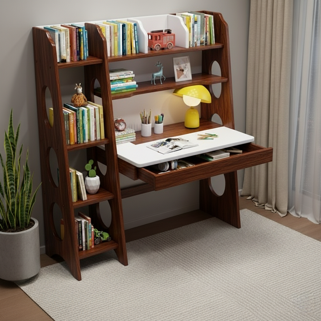 Multifunctional Wooden Study Desk with Integrated Bookshelf & Storage Drawer - Space-Saving Home Office Workstation, Writing Table, Modern Library Shelving Unit, Cherry Brown/Teak/White Finishes