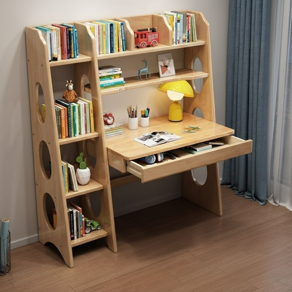 Multifunctional Wooden Study Desk with Integrated Bookshelf & Storage Drawer - Space-Saving Home Office Workstation, Writing Table, Modern Library Shelving Unit, Cherry Brown/Teak/White Finishes