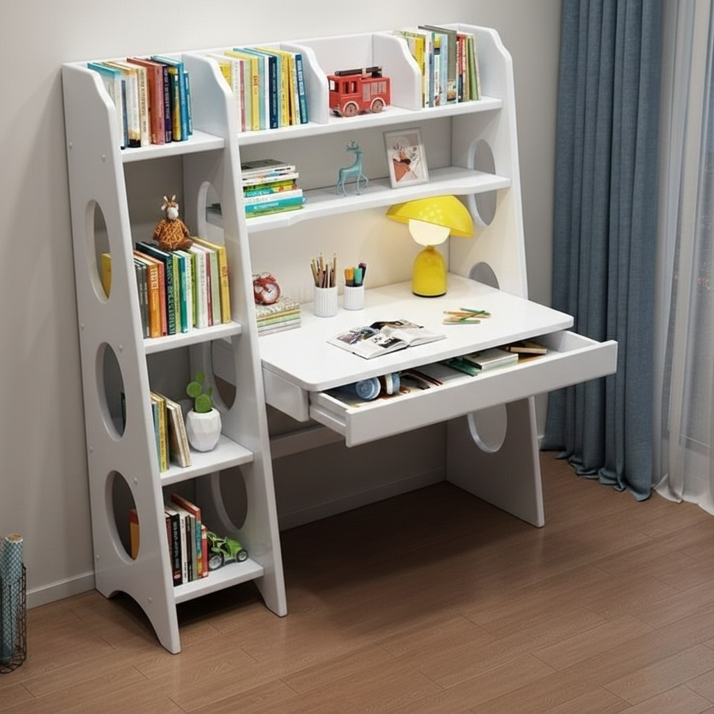 Multifunctional Wooden Study Desk with Integrated Bookshelf & Storage Drawer - Space-Saving Home Office Workstation, Writing Table, Modern Library Shelving Unit, Cherry Brown/Teak/White Finishes