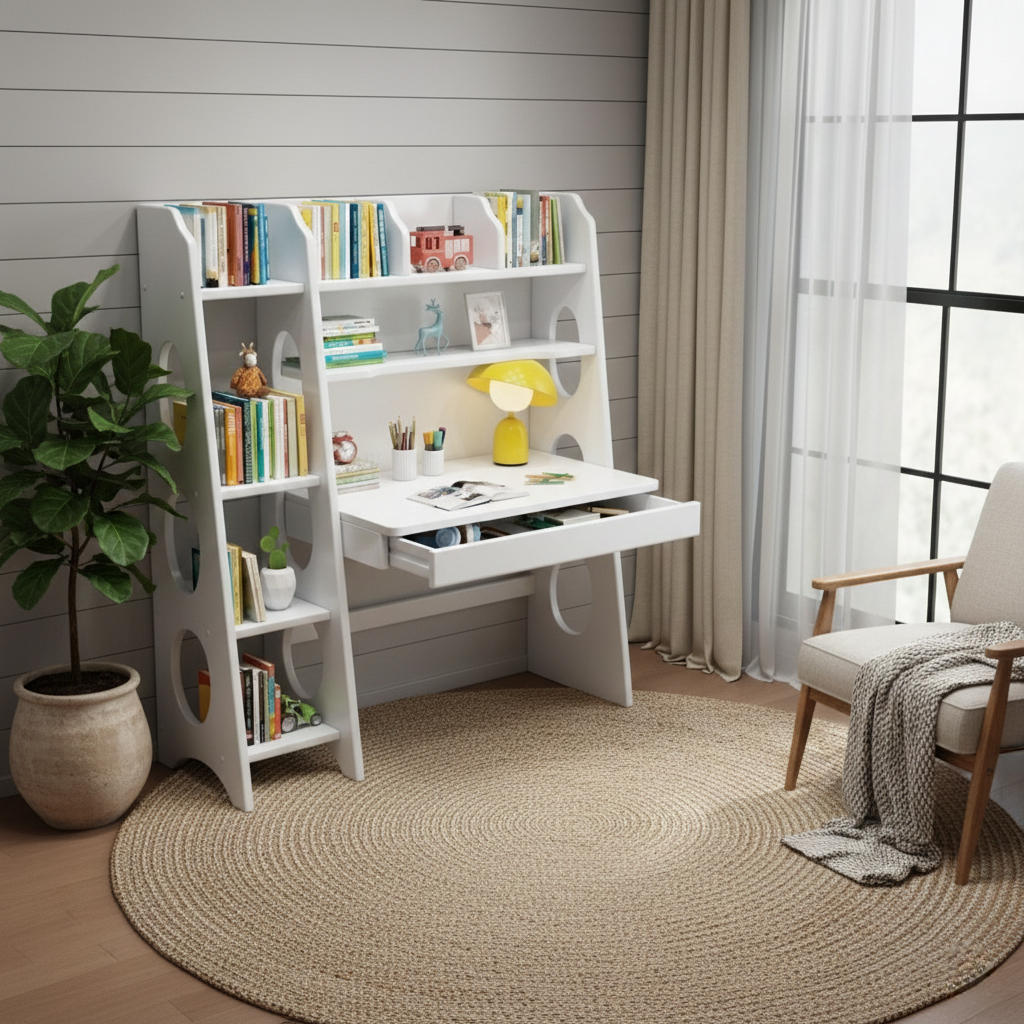 Multifunctional Wooden Study Desk with Integrated Bookshelf & Storage Drawer - Space-Saving Home Office Workstation, Writing Table, Modern Library Shelving Unit, Cherry Brown/Teak/White Finishes