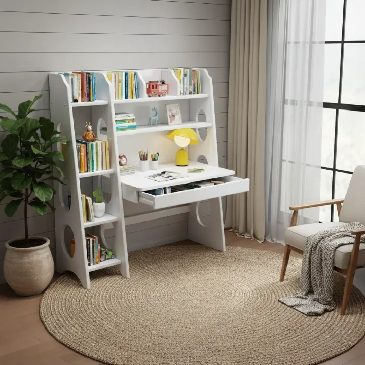 Multifunctional Wooden Study Desk with Integrated Bookshelf & Storage Drawer - Space-Saving Home Office Workstation, Writing Table, Modern Library Shelving Unit, Cherry Brown/Teak/White Finishes