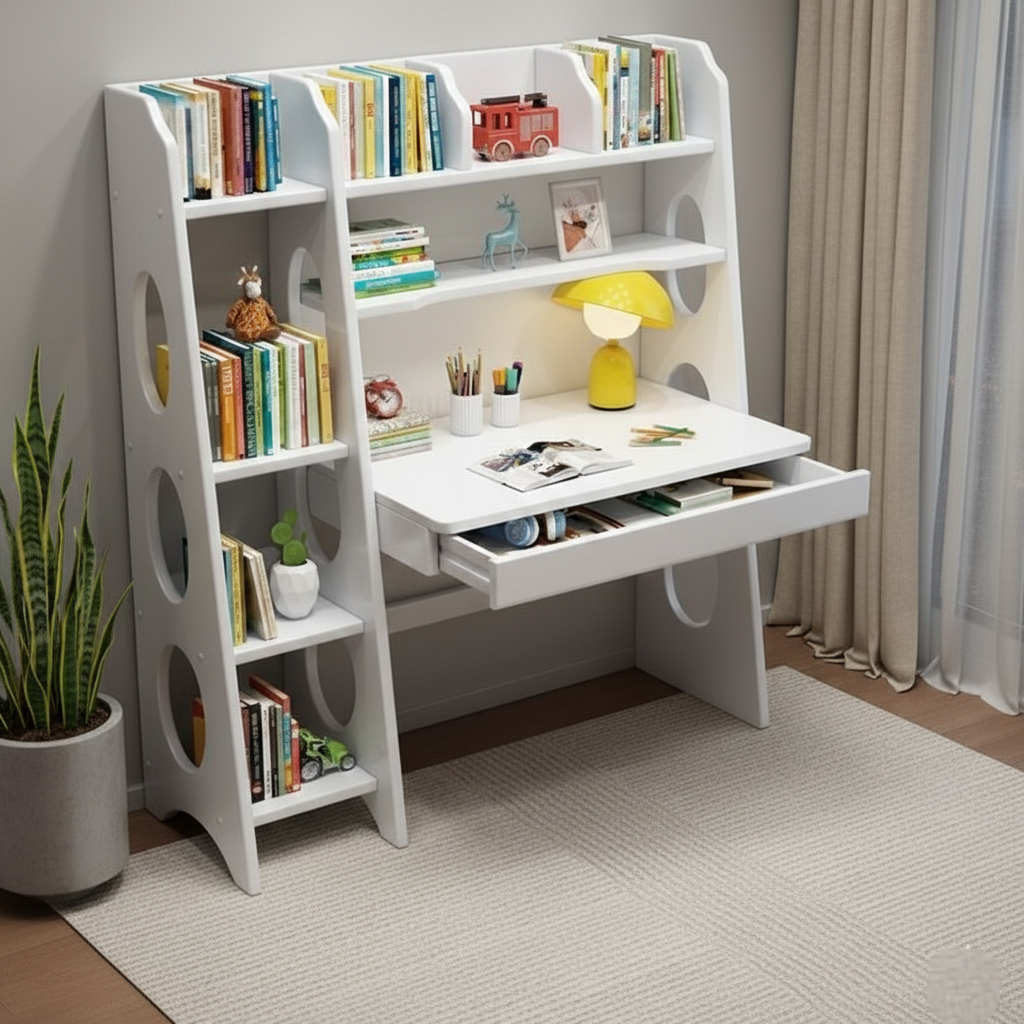 Multifunctional Wooden Study Desk with Integrated Bookshelf & Storage Drawer - Space-Saving Home Office Workstation, Writing Table, Modern Library Shelving Unit, Cherry Brown/Teak/White Finishes