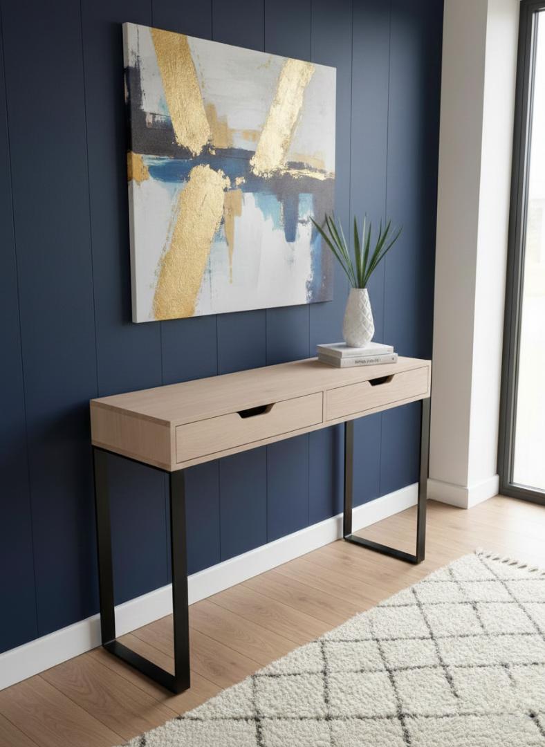 ​Modern Console Table with 2 Drawers - Slim Entryway Desk & Hallway Side Table - Sleek Metal Legs, Minimalist Dressing Table for Living Room, Bedroom & Office - Elegant Nordic Home Decor Furniture