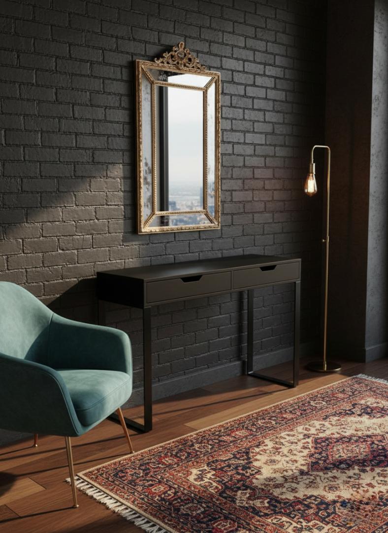 ​Modern Console Table with 2 Drawers - Slim Entryway Desk & Hallway Side Table - Sleek Metal Legs, Minimalist Dressing Table for Living Room, Bedroom & Office - Elegant Nordic Home Decor Furniture