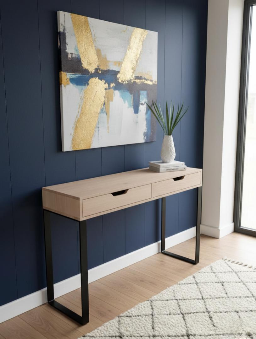 ​Modern Console Table with 2 Drawers - Slim Entryway Desk & Hallway Side Table - Sleek Metal Legs, Minimalist Dressing Table for Living Room, Bedroom & Office - Elegant Nordic Home Decor Furniture