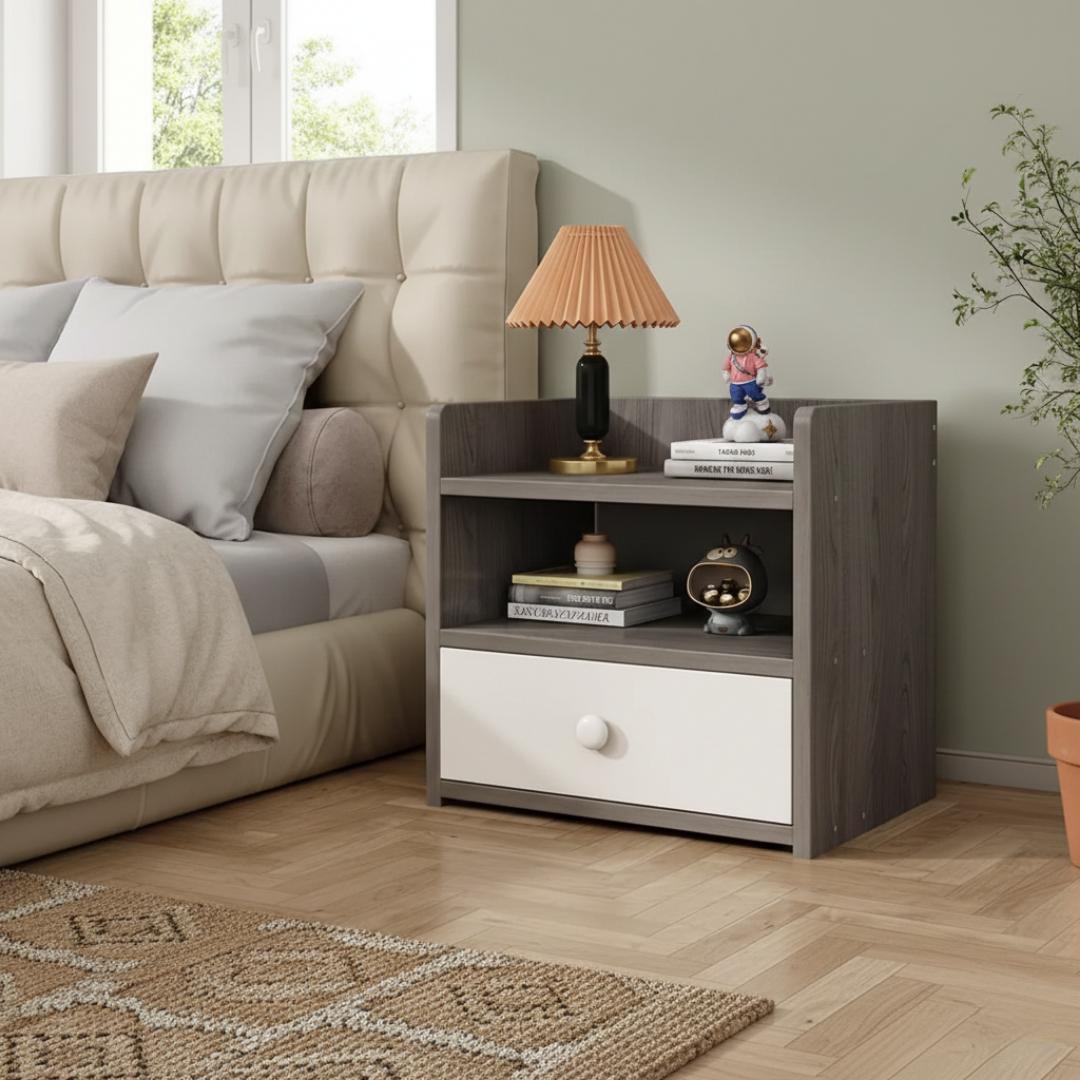 ​Modern & Stylish Nightstand Bedside Table with Storage Drawer and Open Shelves – Versatile Small Coffee Table/End Table for Bedroom, Living Room & Office – Sleek White & Grey Wood Grain Finish Furnit