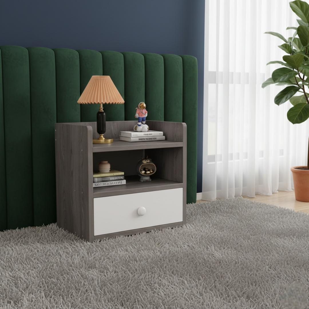 ​Modern & Stylish Nightstand Bedside Table with Storage Drawer and Open Shelves – Versatile Small Coffee Table/End Table for Bedroom, Living Room & Office – Sleek White & Grey Wood Grain Finish Furnit