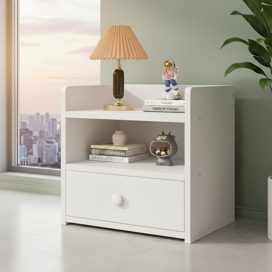 ​Modern & Stylish Nightstand Bedside Table with Storage Drawer and Open Shelves – Versatile Small Coffee Table/End Table for Bedroom, Living Room & Office – Sleek White & Grey Wood Grain Finish Furnit