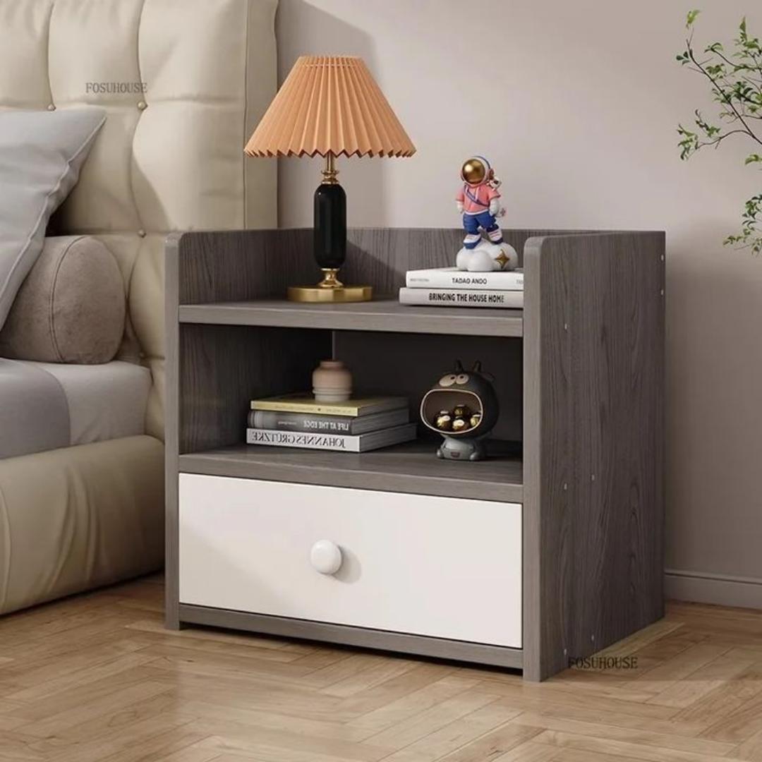 ​Modern & Stylish Nightstand Bedside Table with Storage Drawer and Open Shelves – Versatile Small Coffee Table/End Table for Bedroom, Living Room & Office – Sleek White & Grey Wood Grain Finish Furnit