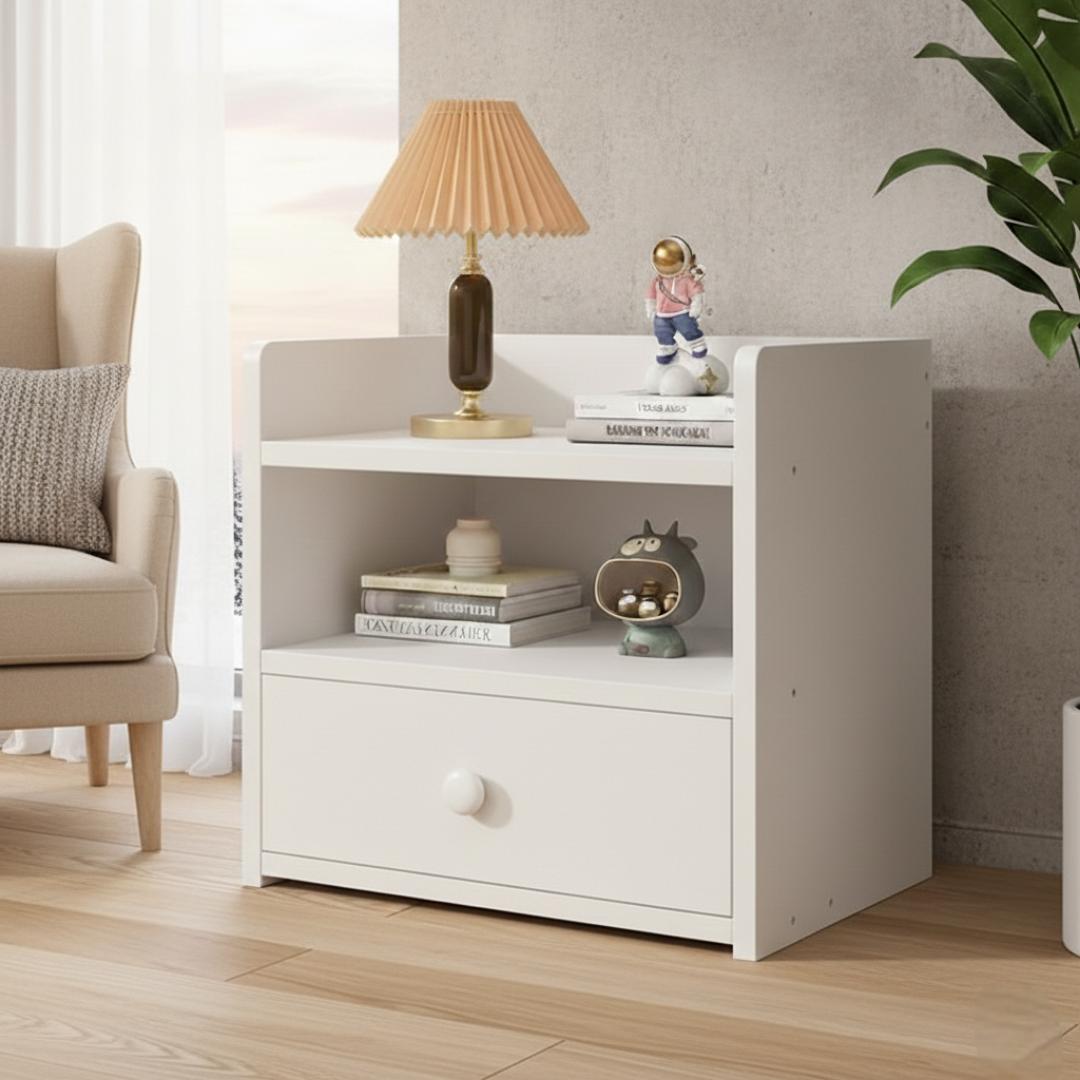 ​Modern & Stylish Nightstand Bedside Table with Storage Drawer and Open Shelves – Versatile Small Coffee Table/End Table for Bedroom, Living Room & Office – Sleek White & Grey Wood Grain Finish Furnit