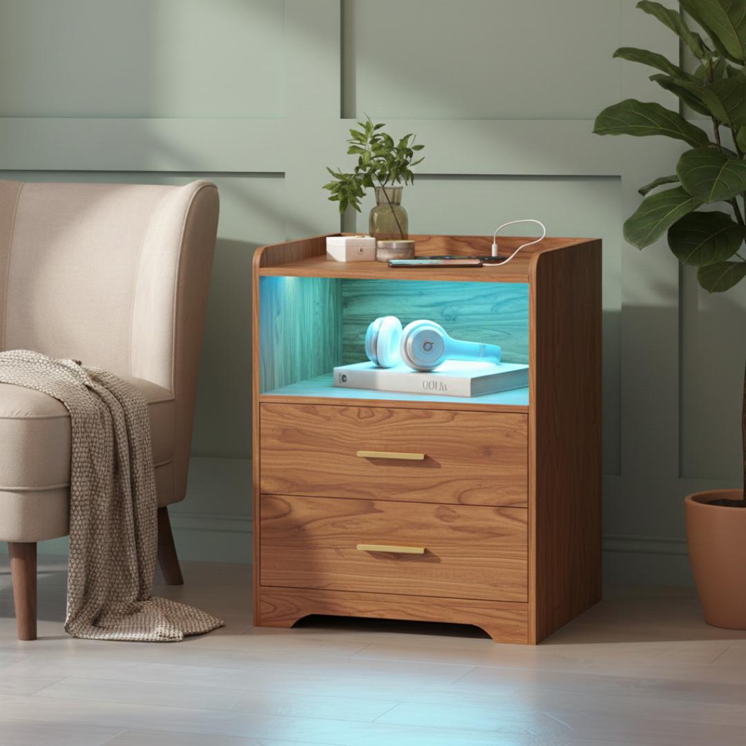 ​Modern Smart Nightstand with LED Light & Charging Station – Stylish Bedside Table with 2 Drawers – Versatile Side End Table for Bedroom & Living Room – Premium Royal Teak, White & Black Finishes