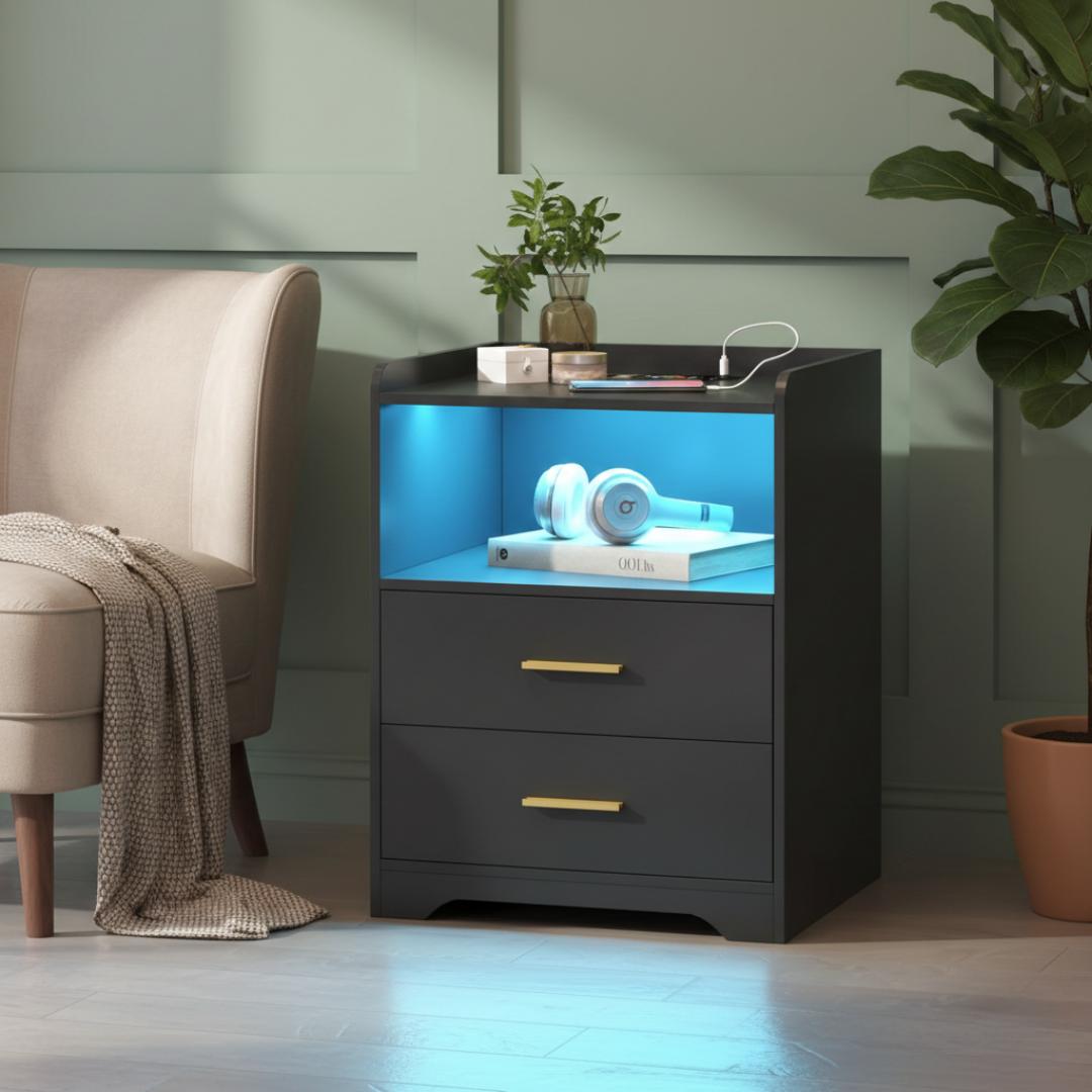 ​Modern Smart Nightstand with LED Light & Charging Station – Stylish Bedside Table with 2 Drawers – Versatile Side End Table for Bedroom & Living Room – Premium Royal Teak, White & Black Finishes