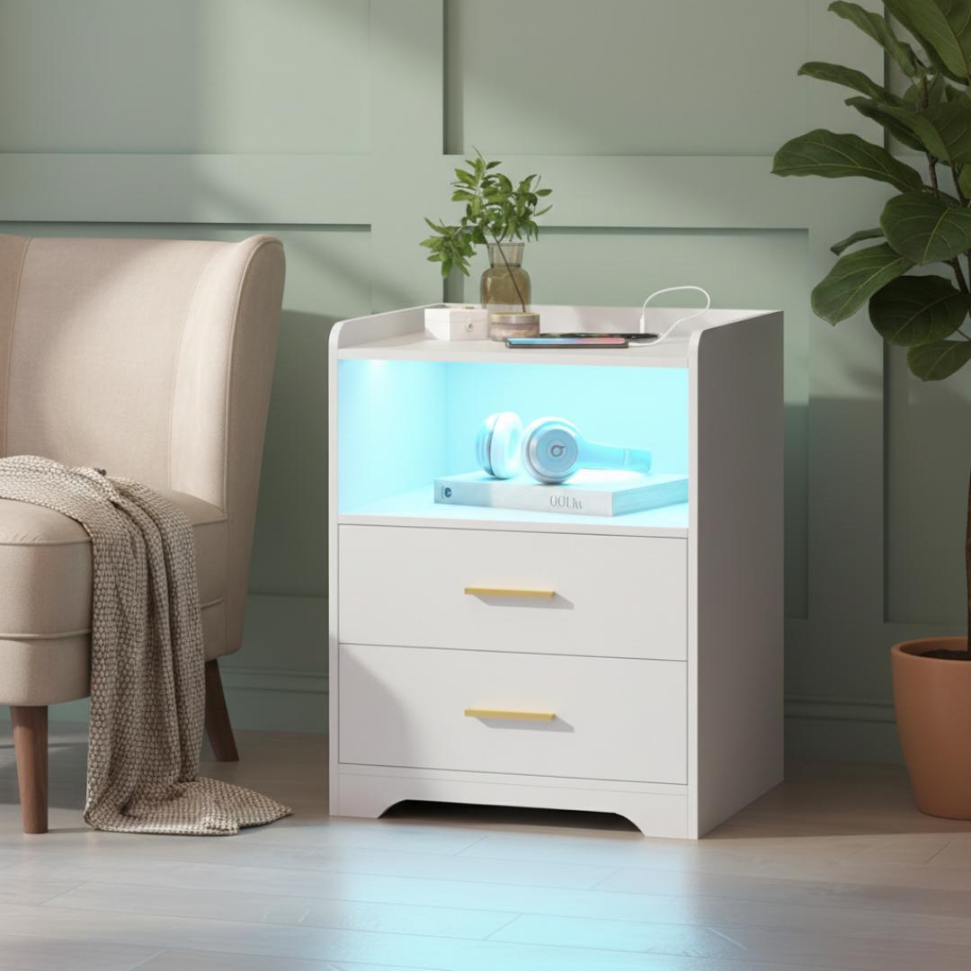 ​Modern Smart Nightstand with LED Light & Charging Station – Stylish Bedside Table with 2 Drawers – Versatile Side End Table for Bedroom & Living Room – Premium Royal Teak, White & Black Finishes