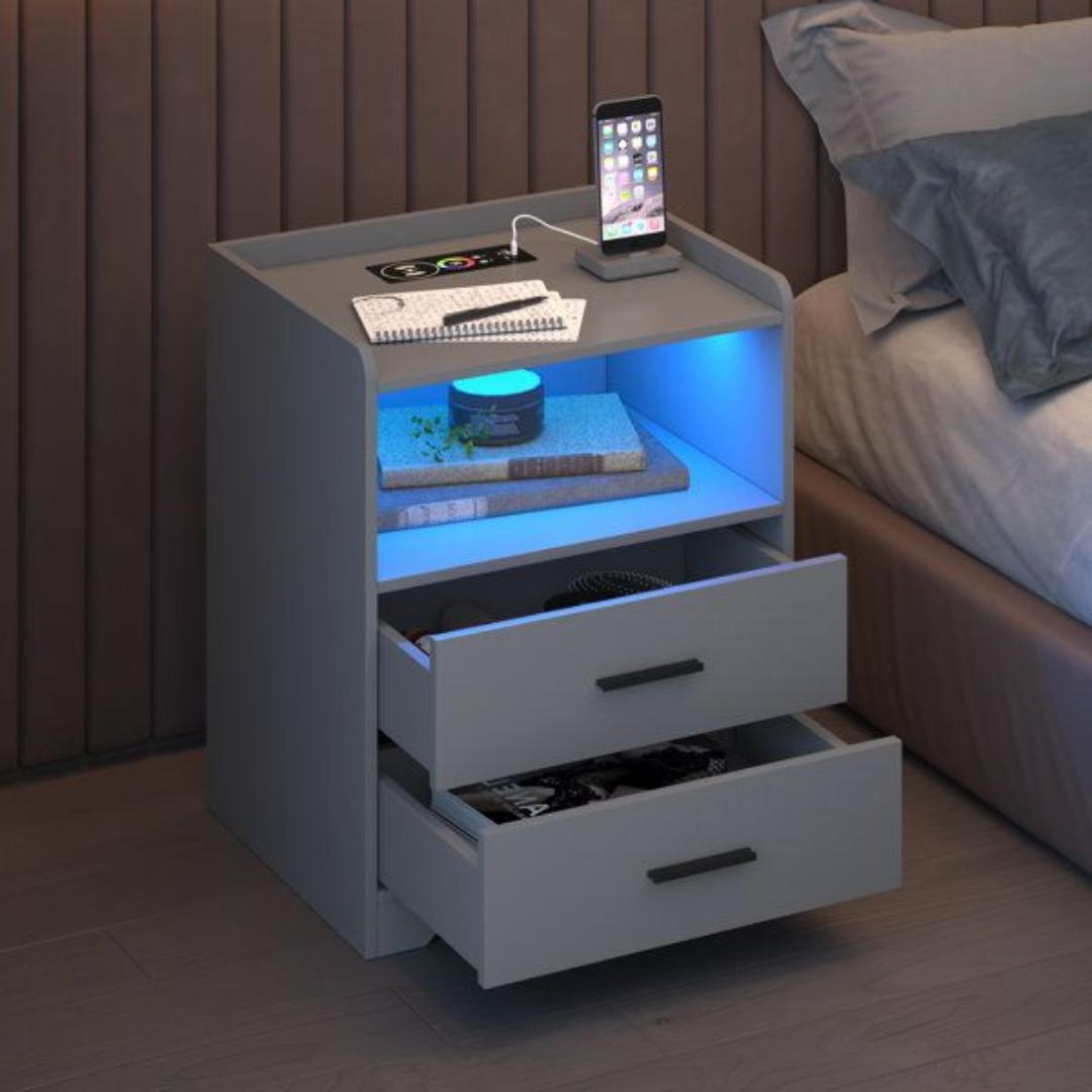 ​Modern Smart Nightstand with LED Light & Charging Station – Stylish Bedside Table with 2 Drawers – Versatile Side End Table for Bedroom & Living Room – Premium Royal Teak, White & Black Finishes